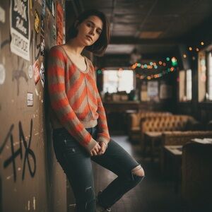 WE THE FREE People Taupe Orange Mesh Shirt Blouse Top Long Sleeve VNeck